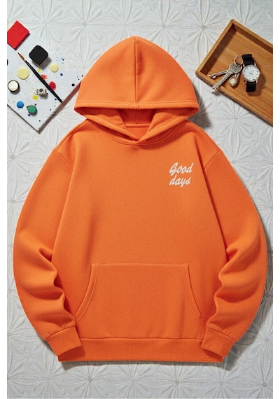 Uyguntarz Unisex Good Days Baskılı Oversize Sweatshirt Turuncu