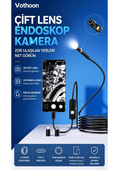 10 Metre Çift Kameralı İos/android Uyumlu Yılan Endoskop Kamera 8mm 2mp Led Li Sert Kablo 1