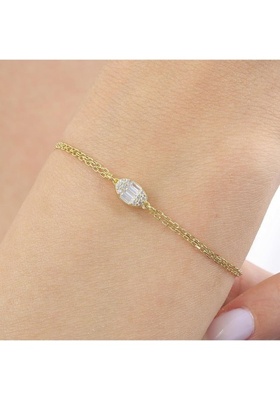 Mia Vento Pırlanta Montür Minimal Oval Baget Gold Renk Gümüş Bileklik