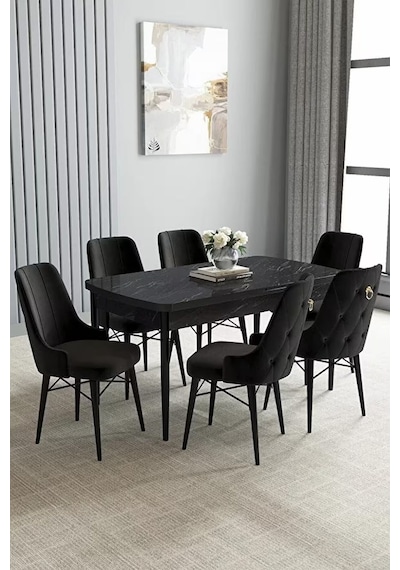 Loft Siyah Mermer 80x132 Açılabilir Mdf Masa Yemek Odası Takımı, Mutfak Takımı 6 Sandalye Siyah Loft Siyah Mermer 80x132 Açılabilir Mdf Masa Yemek Odası Takımı, Mutfak Takımı 6 Sandalye Siyah