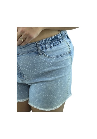 Zanessi Fashıon Büyük Beden Lastikli Yüksek Bel Yırtıklı Taşlı Cepli Kısa Denim Kadın Şort Mavi