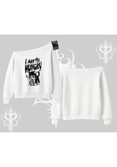 Startmore Am Hungry Kedi Baskılı Kayık Yaka Sweatshirt Beyaz