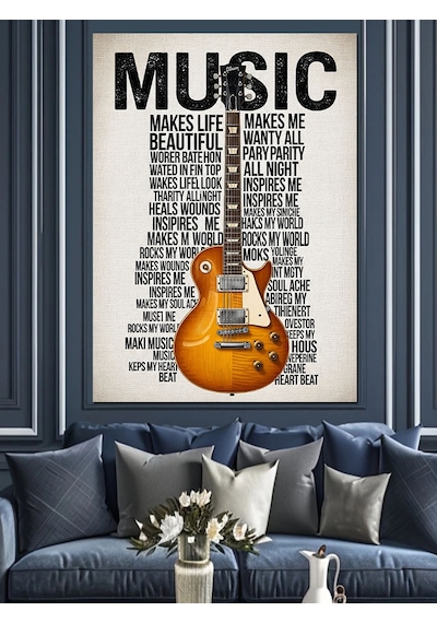 Ahşap Tablo Müzik Gitarı Notaları Soyut