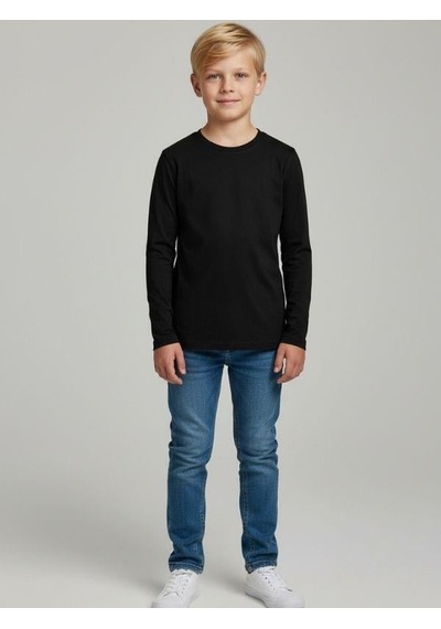 Zekids Erkek Çocuk Pamuklu Uzun Kol Basic T-shirt-16713 SIYAH