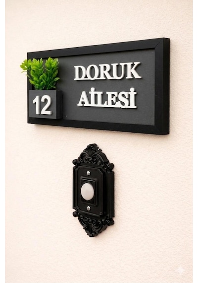 Kişiye Özel Ahşap Kapı İsimliği Çiçekli 10x20 Cm Mdf Dekoratif Kapı Tabelası Antrasit
