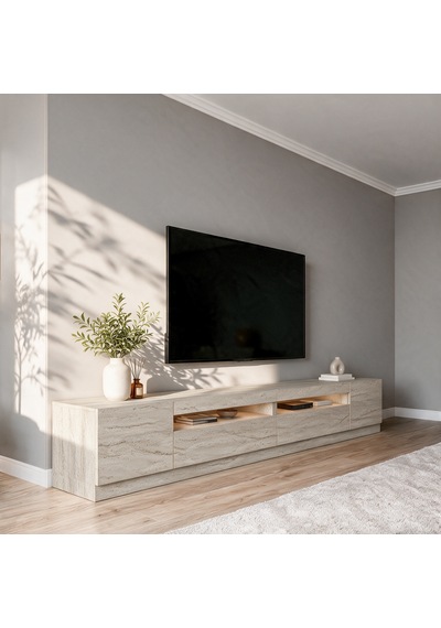 T008 Arya Işıklı Tv Sehpası Set - Traverten Traverten