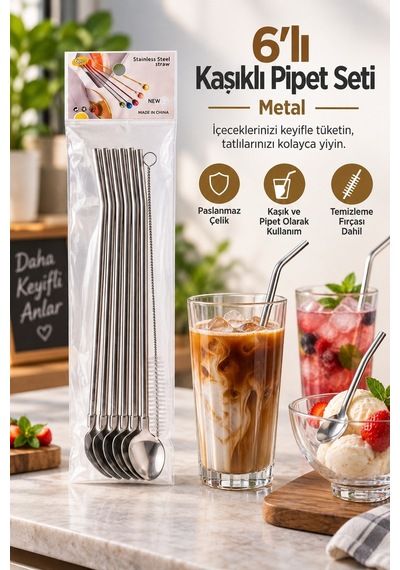 6 Lı Kaşıklı Pipet Seti - Metal - Pipet Temizleme Fırçası Çok Renkli
