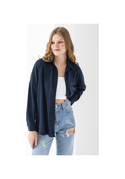 Giysa Kadın Uzun Kol Regular Fit Jakarlı Gömlek Lacivert - 25y 10039 Lacivert