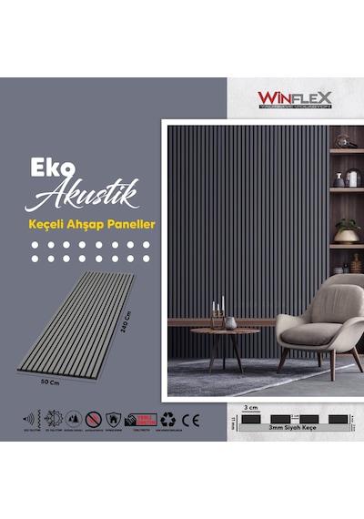 Winflex Eko Keçeli Akustik Ahşap Paneli Antrasit 50x240cm .