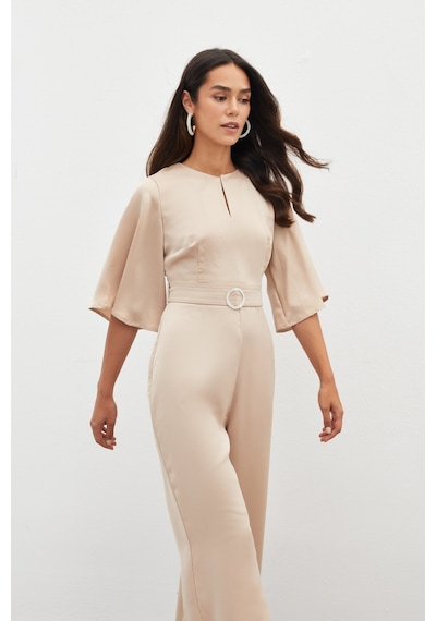 Sateen Kemerli Krep Tulum - Bej