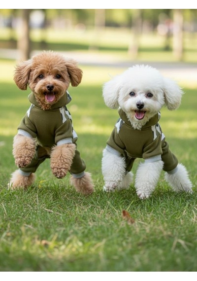 Kamuflaj Desenli Köpek Tulumu Kapüşonlu Pamuklu Polar Kumaş Haki Yeşil Küçük Irklar İçin