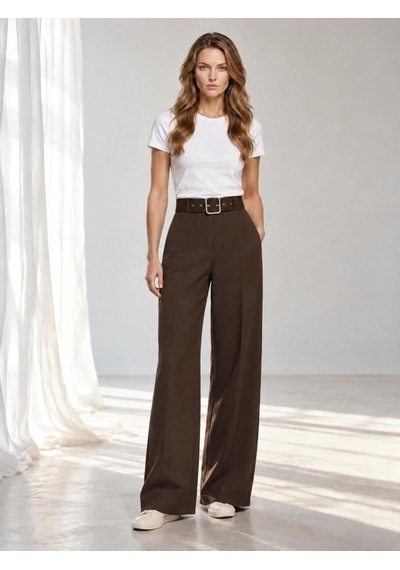 Nealirsanall.com Yüksek Bel Kemerli Wide Leg Palazzo Kumaş Pantolon Siyah