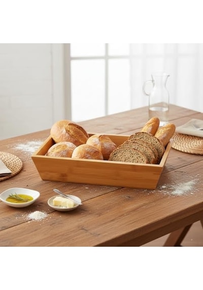 Bambu Ekmek Sepeti Ve Sunumluk 33x15x7 Cm Doğal Ahşap Modern Meyve, Sebze Ve Servis Sepeti Antibakteriyel Ve Şık Tezgah Üstü Düzenleyici