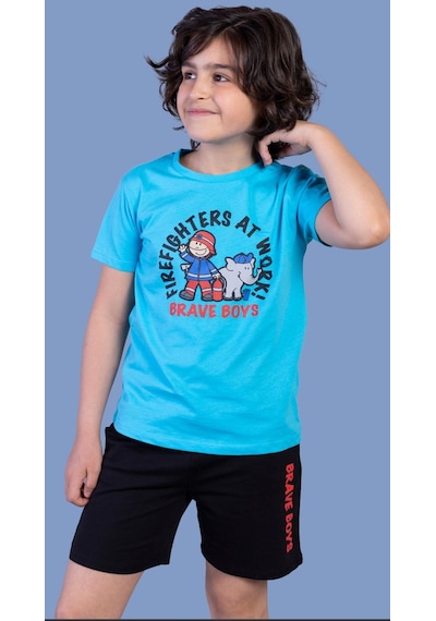 Toontoy Kids Toontoy Erkek Çocuk İtfaiye Adam Baskılı Şortlu Takım Turkuaz