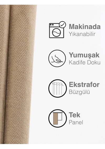 Kadife Dokulu Haki Renk Ada Fon Perde Ekstrafor Büzgülü Haki