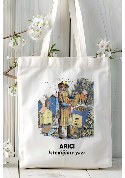 Art Hediye Arıcı Arı Baskılı Bez Omuz Çantası Kişiye Özel Model 7 Çok Renkli