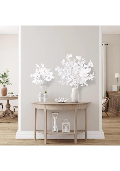 Yapay Çiçek Beyaz Okaliptus Tek Dal Kumaş Yapraklı Uzun Dal 80cm Eucalyptus