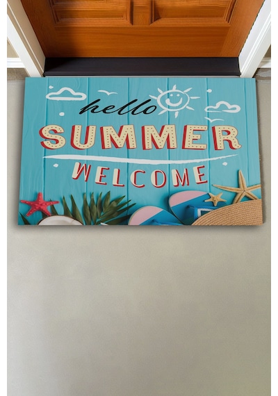 Valerine Life Hello Summer Merhaba Yaz Mavi Renkli Welcome Hoş Geldiniz Kapı Önü Paspası 45x70cm Kahverengi