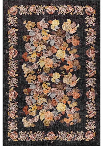 Artloop Florart Siyah Vintage Dokulu Gül Desenli Dokuma Tabanlı Çiçekli Şönil Halı Al 484