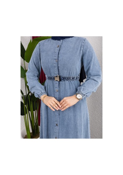 Hb Harma Time Butik Kadın Düğmeli Kuşaklı Denim Kot Mavi Elbise Mavi Mavi