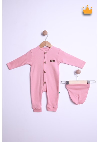 Babyhola Kız Erkek Bebek Tulum Bere Takım Pamuk Önden Düğmeli İnterlok 23630 Pembe