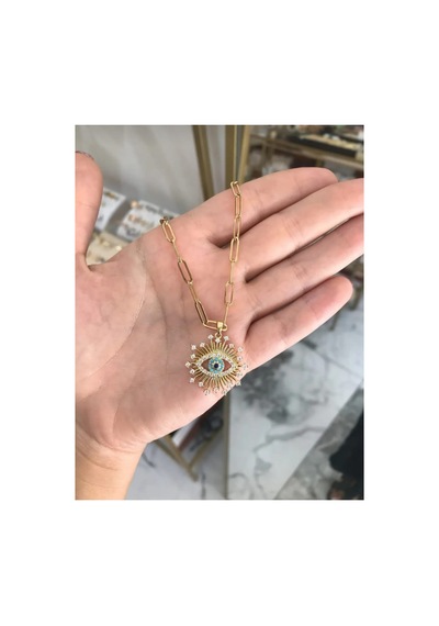 Lunarie Göz Figürlü Nazar Vintage Kolye 14k Gold Çerçeve Işınsal Altın