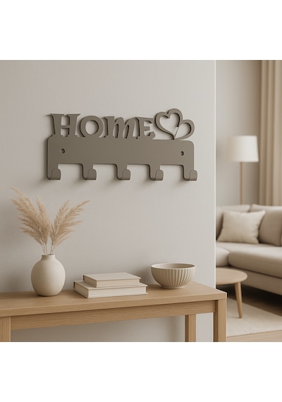 Lunoart Home Yazılı Kalpli Metal Anahtarlık Askısı Duvar Tipi Anahtar Organizer Vizon