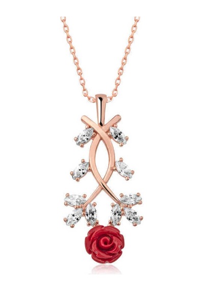 Gümüş Rose Kırmızı Gül Kolye Çok Renkli Çok Renkli