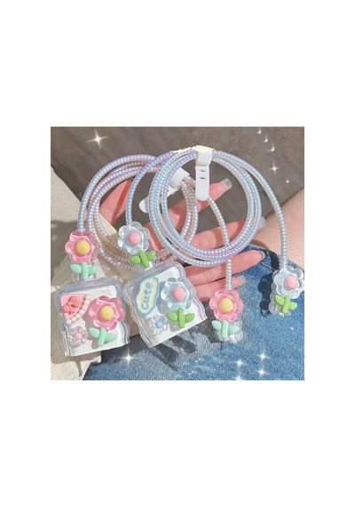 Pembe Çiçekli Spiral Kablo Koruyucu Ve Şarj Başlığı Koruma Kılıfı Seti