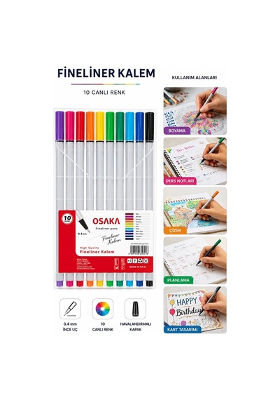 Fineliner Kalem 10 Renk 0.4mm 1 Paket Osaka İnce Keçe Uçlu 10 Lu Renkli Yazı Ve Çizim Kalemi İşaretleme Yazı Kalemi