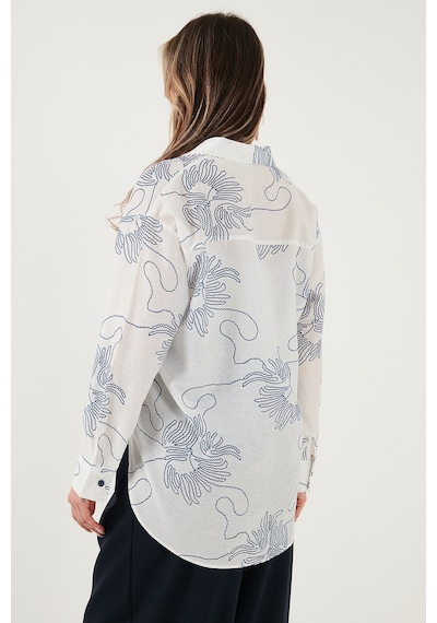 Lela Desenli Regular Fit Uzun Kollu Bayan Gömlek 6773200 Beyaz-Indigo