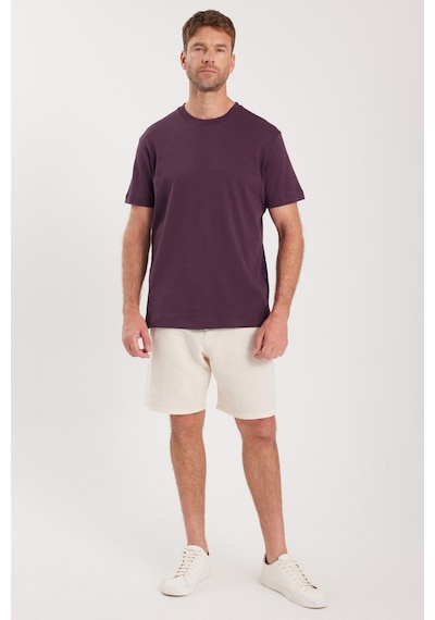 Tudors Unisex Relax Fit Rahat Kesim %100 Pamuk Yumuşak Dokulu Hafif Kalın Eflatun Bisiklet Yaka Tişört-36913 Eflatun