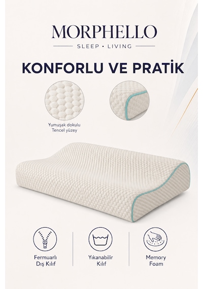 Morphello Neck Support Ortopedik Boyun Destekli Visco Yastık 60x40 Cm Memory Foam, Fermuarlı Yıkanabilir Kılıf Beyaz - Yeşil