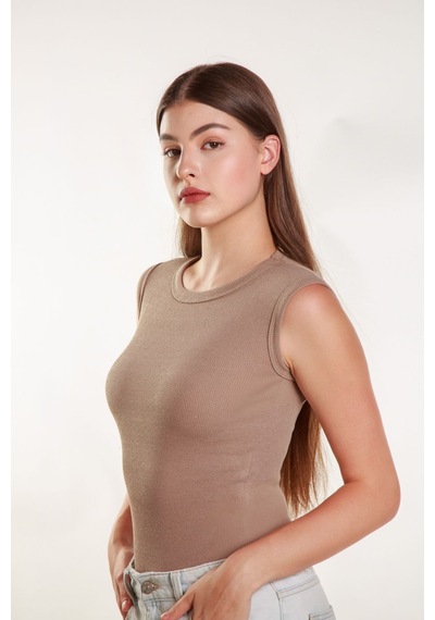 Mea Capio Kadın Vizon Fitilli Likralı Sıfır Kol Bisiklet Yaka Örme Atlet Tshirt Bluz Vizon
