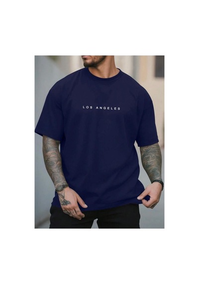 Medinenur Los Angels Yazı Detaylı Basic T-shirt Lacivert