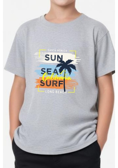 Panios Kids California Sun Baskılı Erkek Çocuk Kısa Kollu Yuvarlak Yaka T-shirt Gri