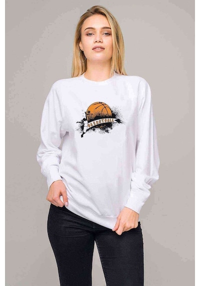 Silhouette Street Basketball Baskılı Beyaz Kadın Sweatshirt