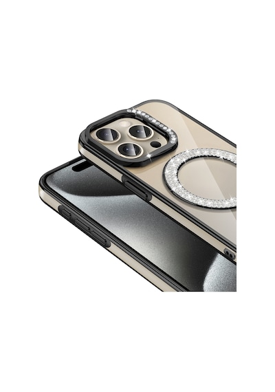 Apple Uyumlu iPhone 15 Pro Kılıf Pırlanta Taş Tasarımlı M-safe Şarj Özellikli Karetta Silikon Kılıf Siyah