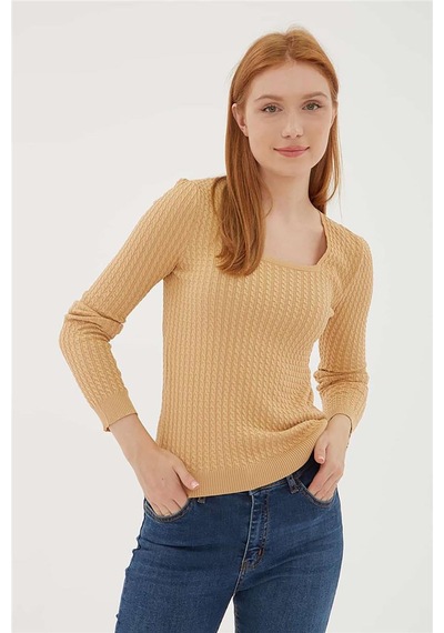 Fashion Friends Kadın Kare Yaka Saç Örgülü Kazak 23k0405k1 Camel
