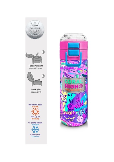 Coral High Kids Grafiti Desenli Pipetli Ve Direkt İçim Çelik Termos 500 Ml 31961 Desenli