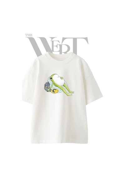 Thewert Lazy Frog Tasarım Baskılı Ünisex Beyaz Oversize T-shirt