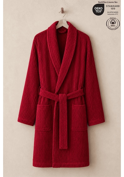 Bordo Çizgili Bornoz %100 Sertifikalı Pamuk Şal Yaka Unisex Banyo Bornoz / Sabahlık 340 Gr/m2 Bordo Renk