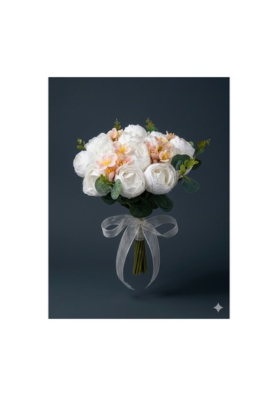 Nisa Soft Blush Şakayık Gelin Buketi Pudra Beyaz Yapay Gelin Çiçeği