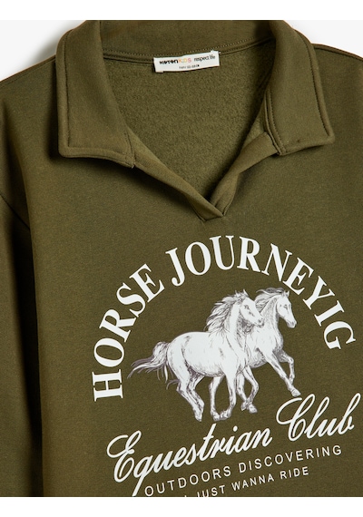 Koton Polo Yaka Sweatshirt At Baskılı Uzun Kollu Şardonlu Haki 5wkb10406tk Haki