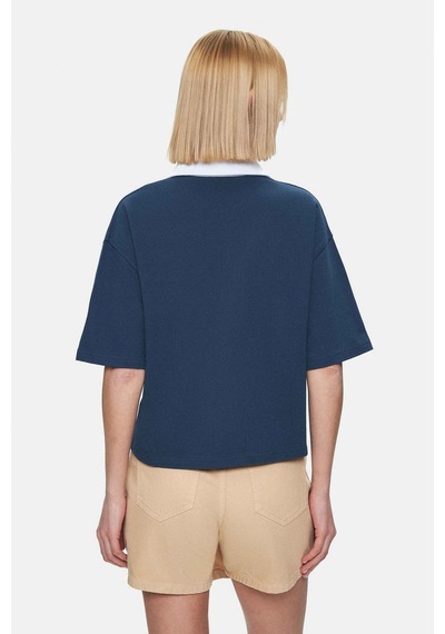 Polly Lacivert Polo Yaka Nakışlı Loose Fit Kadın Tshirt Lacivert
