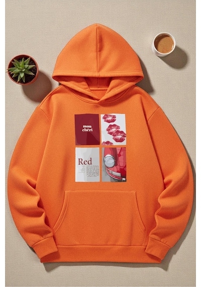 Uyguntarz Unisex Red Mon Cheri Baskılı Kapüşonlu Sweatshirt Turuncu