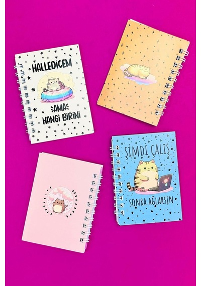 Mini 4'lü Kedili Spiralli Defter Çok Renkli