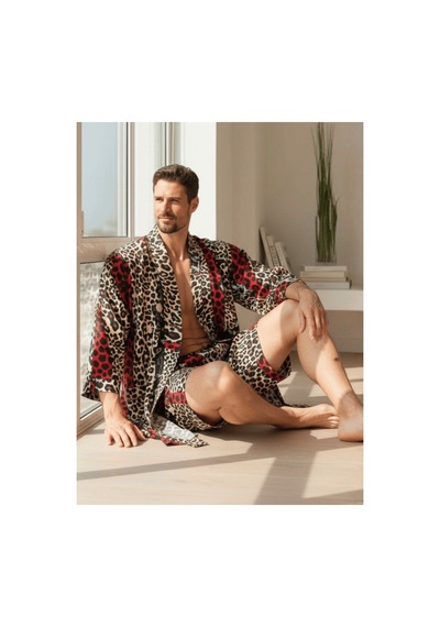 Qmen Style Erkek Kimono Takımı Leopar Desen 3 Lü Viskon Set Bornoz + Pantolon + Şort Bordo