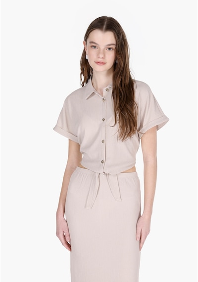 Colins Regular Fit Shirt Neck Jakarlı Kadın Bej Kısa Kol Tişört Cl1074598 Q1.v1 Lbg Lıght Beıge Açık Bej