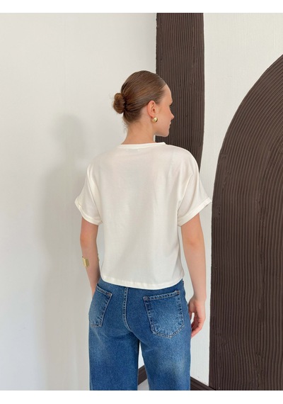 Verymoda Çiçek Detaylı Tişört D2910 Krem